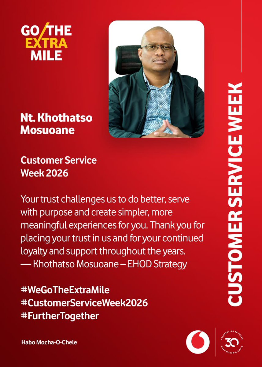 VodacomLes's tweet photo. Your trust pushes us to do better every day. Thank you for your loyalty, support and partnership. We're committed to going the extra mile for you, the Customer.
#GoTheExtraMile
#CustomerServiceWeek2026
#LesothosBestNetwork https://t.co/drdSoELmW3