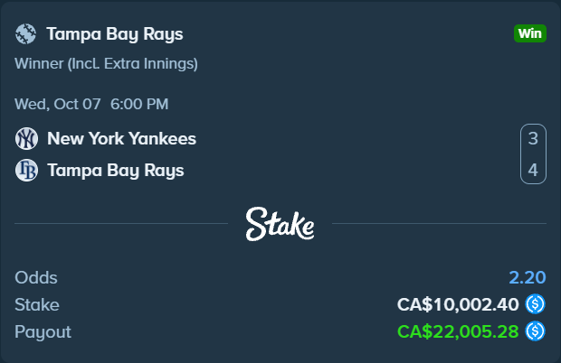 verixlv's tweet photo. The Tampa Bay Rays just won me $22,000 on @Stake 

Comment Stake Usernames Below! 👇 https://t.co/2YnUFQjazr