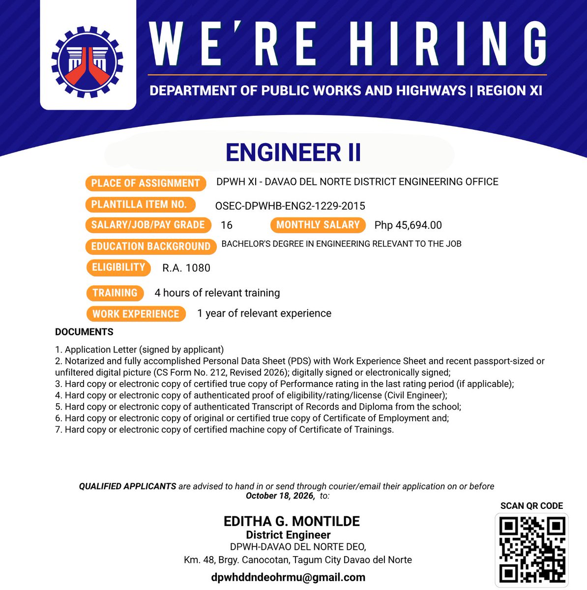 DPWH_R11's tweet photo. 𝐖𝐄 𝐀𝐑𝐄 𝐇𝐈𝐑𝐈𝐍𝐆!

The Department of Public Works and Highways - Region XI is seeking qualified candidates for various positions under the DPWH XI - Davao del Norte District Engineering Office.

For more details, please refer to the photo below and scan the QR code. https://t.co/LvkL7dUEMT