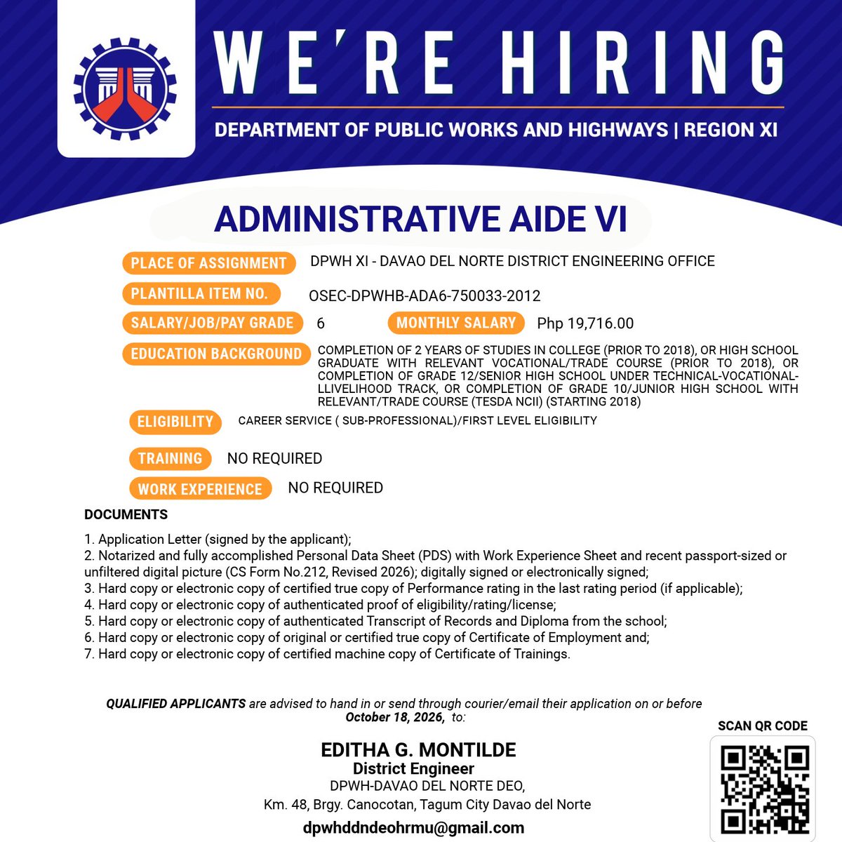 DPWH_R11's tweet photo. 𝐖𝐄 𝐀𝐑𝐄 𝐇𝐈𝐑𝐈𝐍𝐆!

The Department of Public Works and Highways - Region XI is seeking qualified candidates for various positions under the DPWH XI - Davao del Norte District Engineering Office.

For more details, please refer to the photo below and scan the QR code. https://t.co/LvkL7dUEMT