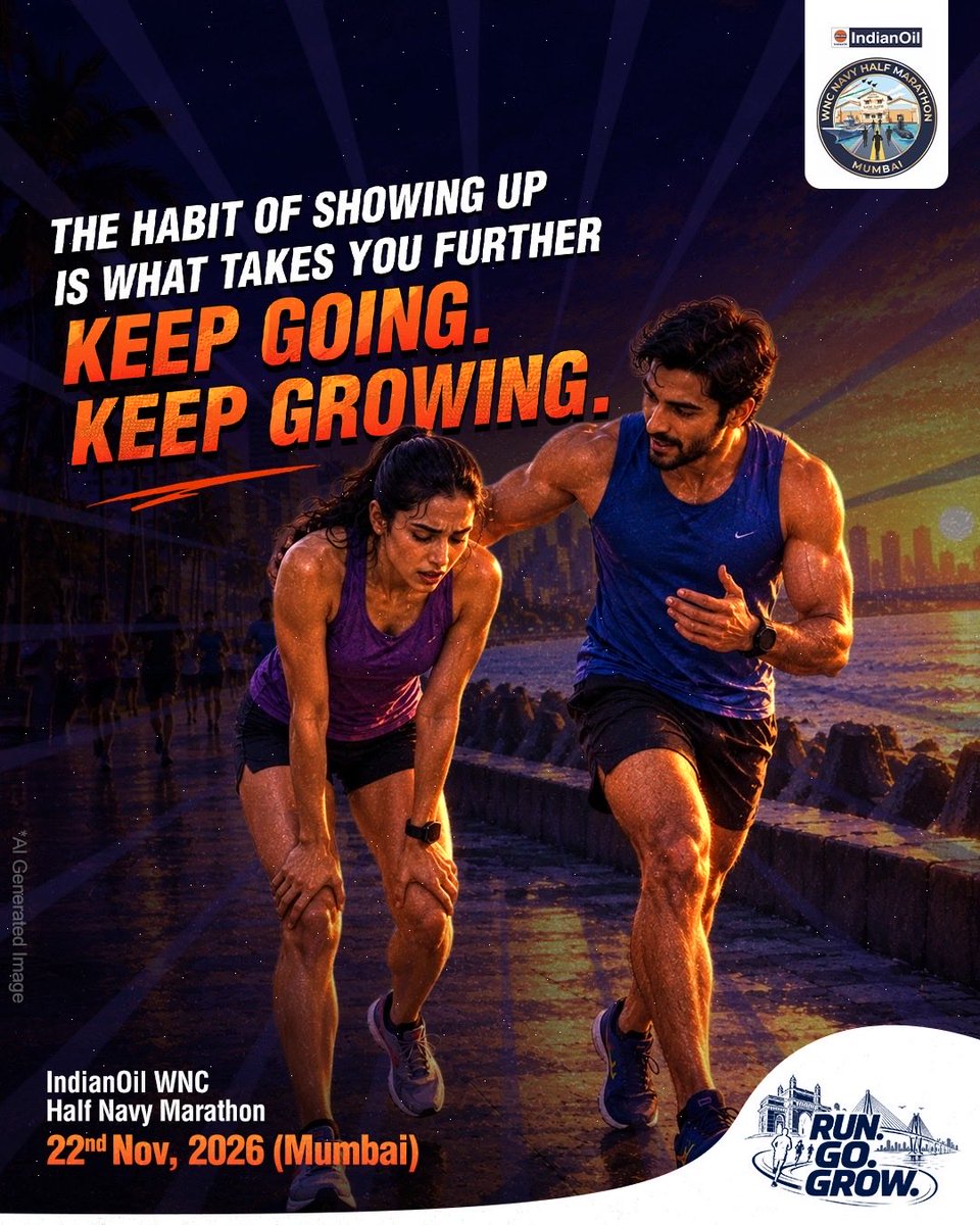 IndianOilcl's tweet photo. Every run begins with showing up.
And every time you do, you move a little further, in your run, your routine, and yourself.

Because progress is built one step at a time.

This November, IndianOil joins hands with the Western Naval Command to bring you the IndianOil WNC Half Navy Marathon.

📅 22 November 2026 | Mumbai
🎟️ Registrations Now Open

RUN. GO. GROW.

#IndianOil #IndianOilWNCHalfNavyMarathon #RunGoGrow #RegistrationOpen

@HardeepSPuri @PetroleumMin
@neerajmittalias @secretary_moPNG @ChairmanIOCL @sahneyas