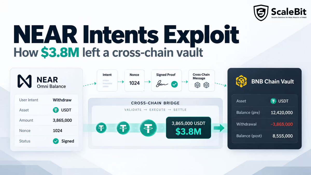 scalebit_'s tweet photo. 🚨How did $3.8M leave a cross-chain vault?

On Oct 1, @near_intents disclosed an exploit involving its Omni deposit/withdrawal system. An attacker withdrew 3.865M USDT from a BNB Chain vault in five transactions, each accepted with signed withdrawal proofs.

Here's how it works👇 https://t.co/uUjP28PqMT