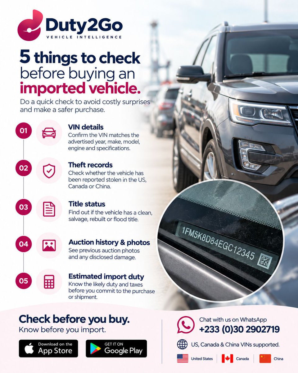 Duty2go's tweet photo. 5 things to check before buying a vehicle.

Use #Duty2Go Android: https://t.co/XpeSLcIhK1 | iOS: https://t.co/vFlXzHNm7b
Whtsap +233302902719 https://t.co/oRLlmoimVY