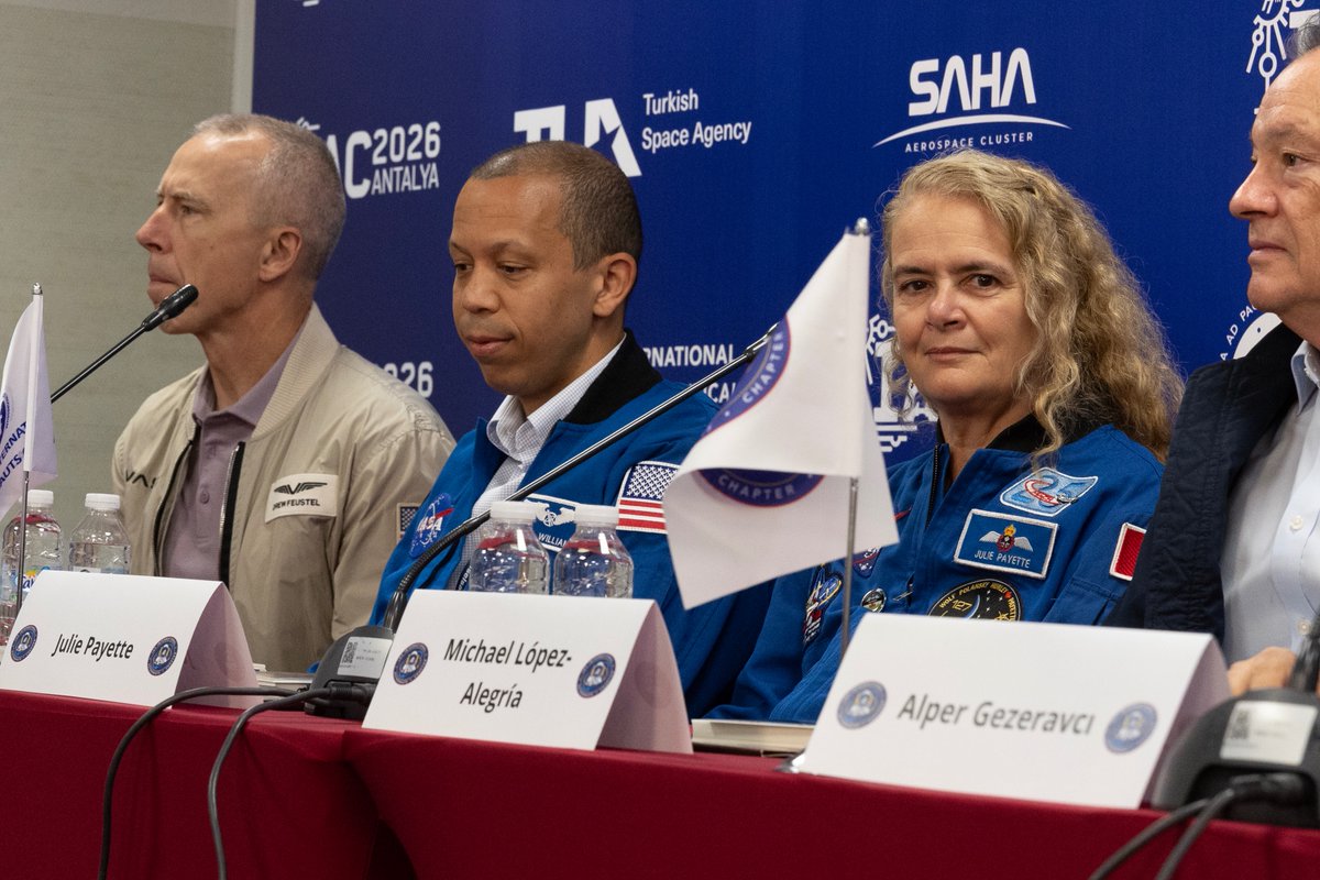 LHonnorat's tweet photo. Happy to have attended the International Astronauts Press Conference at #IAC2026 in Antalya this morning! Ten astronauts from Türkiye, the US, Poland, Canada and Japan sharing their spaceflight experiences. https://t.co/diFqViUHFs