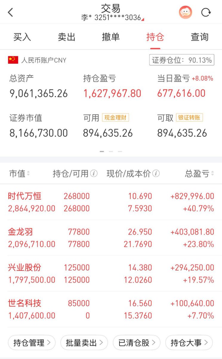 barber_mae68154's tweet photo. 10月8日实盘记录（赚677616）
时代万恒600241（+40.79%）
金龙羽002882（+23.80%）
兴业股份603928（+19.57%）
世名科技300522（+7.70%）
今天仓位跟进世名科技，早盘小幅高开，今天电池概念走强，它也是顺势拉升，开盘看到明显放量果断选择跟进，拿下低位首板后短期还有上行空间。 https://t.co/7Vdi1KLX7N