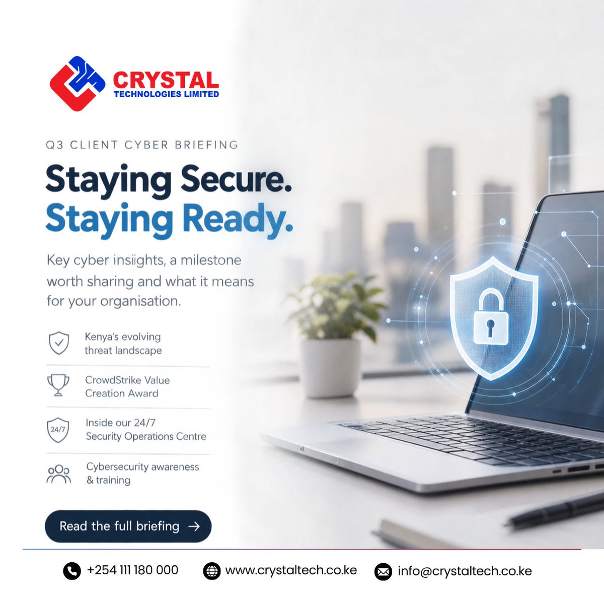 CrystalTechKe's tweet photo. Kenya’s cyber threat landscape is evolving fast. 🛡️

Our Q3 Cyber Briefing highlights key trends, emerging risks, and what security leaders should be watching to stay prepared.

Read more 👉 https://t.co/639cXesEAy

#Cybersecurity #CyberResilience #Kenya https://t.co/4EVTbEzwVD