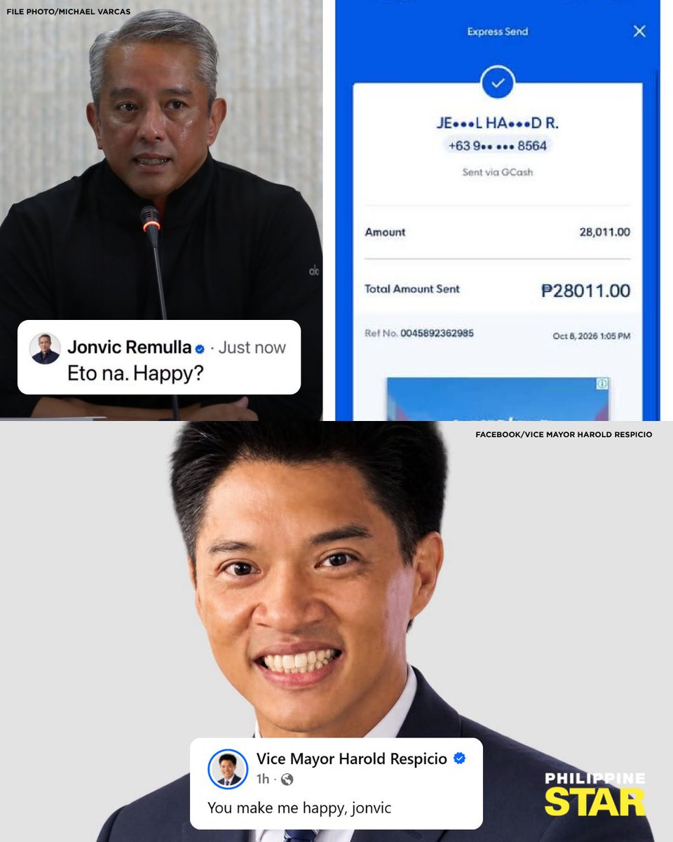 PhilippineStar's tweet photo. 'YOU MAKE ME HAPPY, JONVIC'

Reina Mercedes, Isabela Vice Mayor Harold Respicio hit back at Interior Secretary Jonvic Remulla’s comment, “Eto na. Happy?” after Remulla reimbursed the cost of his drug test.

"You make me happy, Jonvic," Respicio jested. (Facebook/Harold Respicio)