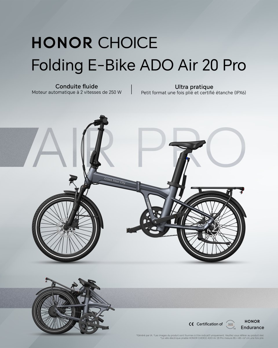 Honor_FR's tweet photo. L'élégance et l'innovation s'invitent dans vos trajets urbains. ✨

Le HONOR CHOICE Folding E-Bike ADO Air 20 Pro est disponible dès maintenant ! 
Fini l'entretien complexe et les déraillements : sa transmission par courroie ultra-fluide s'associe à un moteur automatique 2 vitesses de 250 W pour un pédalage sans le moindre effort. 
Pliable en un clin d'œil et totalement étanche (IPX6), il se glisse partout pour vous suivre au quotidien.   

Prêts à réinventer votre mobilité ? 🚲
👉 Découvrez-le ici : https://t.co/oIwbJ0NKv3