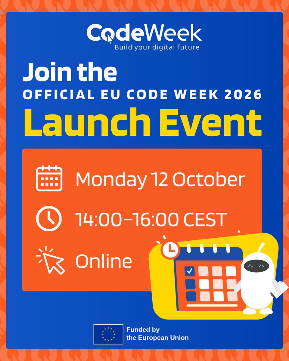 CodeWeekEU's tweet photo. Coding in the age of AI &amp; building stronger communities 🤖💡

Join educators and EU leaders at the official #EUCodeWeek 2026 Launch Event to explore the future of digital learning!

📅 Mon, 12 Oct | 14:00–16:00 CEST
👉 Register: https://t.co/mmtCGnAqNY

#EUCodeWeek https://t.co/0D8T0IrBzt