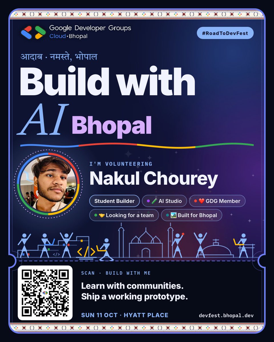 nakulcorp's tweet photo. Hyatt Place , GDG Cloud Bhopal❤️

This Sunday I’m trading my lazy morning for a working AI prototype. ⚡

I'm volunteering at Build with AI: Learn with Communities 🤖
Pick a real problem from our city, build the fix with AI, demo it by lunch.
Join me

#BuildWithAI #DevFestBhopal https://t.co/ZHVLYs8EqP