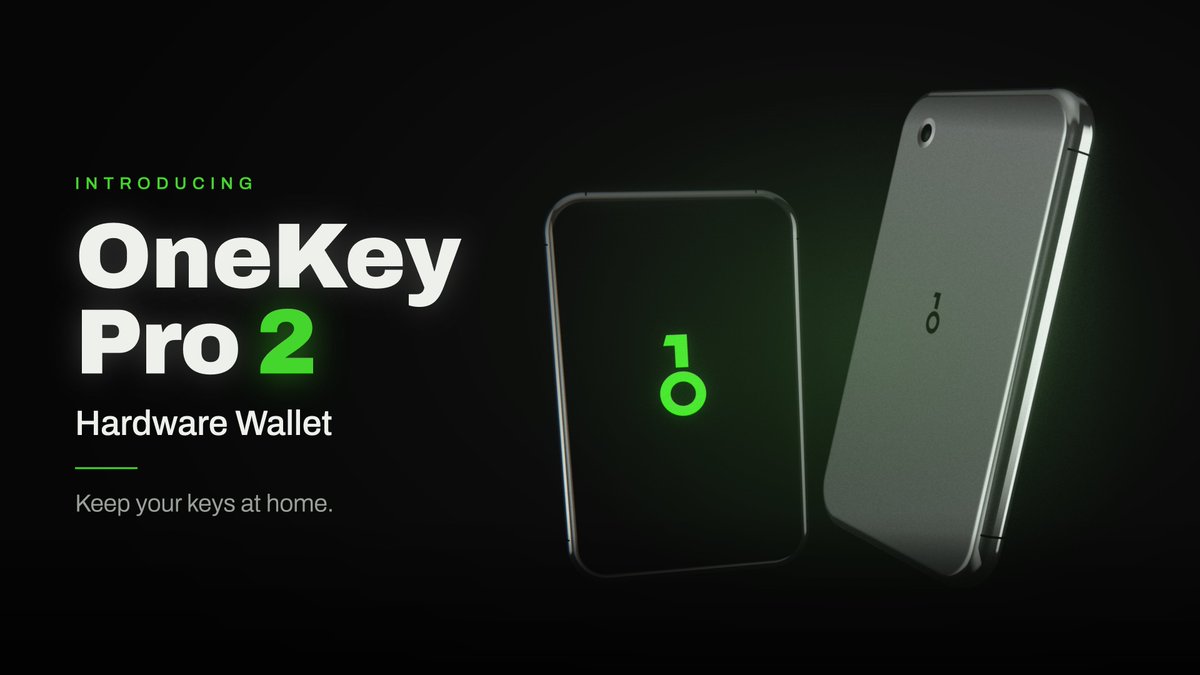 A promotional advertisement for the 'OneKey Pro 2 Hardware Wallet' with the tagline 'Keep your keys at home,' showing two sleek black device models with a green key logo on a dark background.