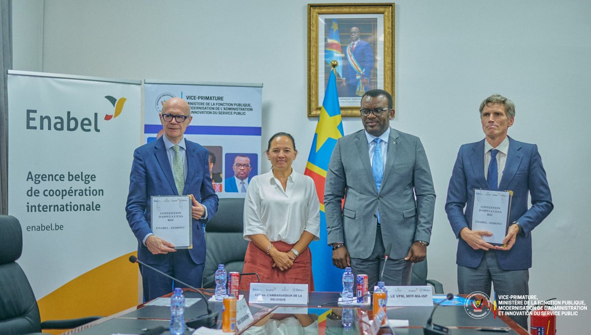 SacreeVision1's tweet photo. Sous l'impulsion du VPM de la Fonction publique, Jean-Pierre Lihau, l'ENA RDC et l'Institut royal EGMONT, avec le soutien d'Enabel, ont conclu une nouvelle convention de partenariat. Porté par un financement belge direct inédit pour 2026-2028. https://t.co/yZYNyQFJF8