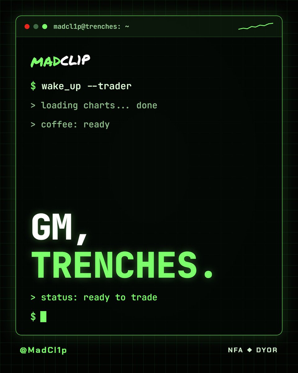MadCl1p's tweet photo. Booting up for another day in the trenches. ☕
#gm #memecoins #solana #trenches #cryptotrading #degen https://t.co/wll3gzChqC