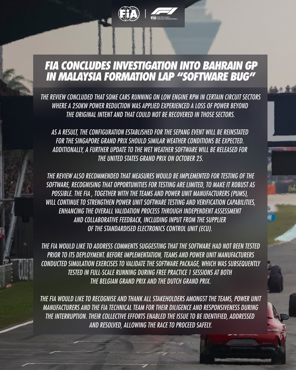 fia's tweet photo. FIA concludes investigation into Bahrain Grand Prix in Malaysia Formation Lap "software bug".
 
#FIA #F1 #BahrainGP https://t.co/JhbZLP4zmV