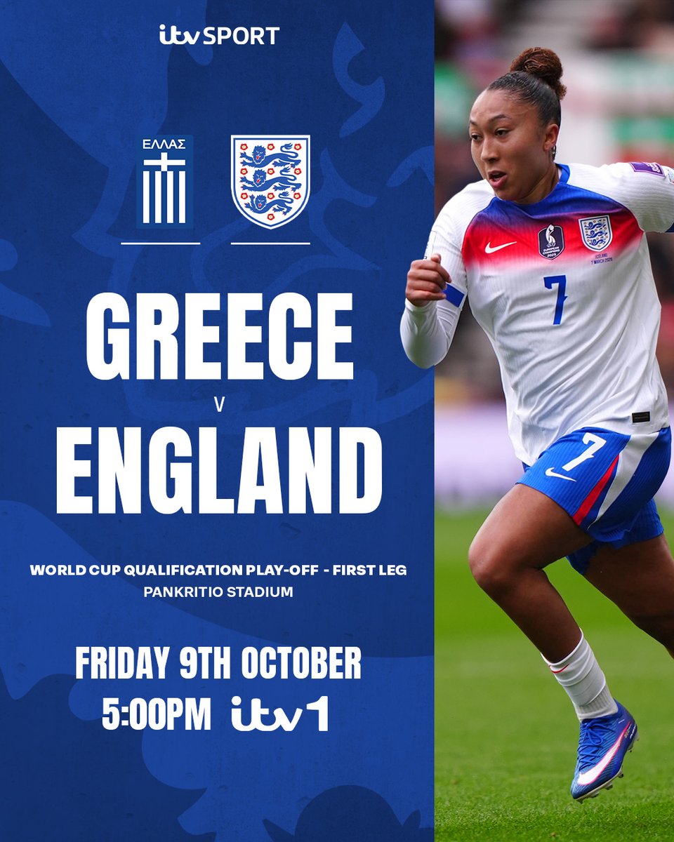 itvfootball's tweet photo. England will be looking to take a big step towards World Cup qualification tomorrow. 🦁

⏰ 5:00pm
📍 Pankritio Stadium, Crete
🏆 2027 World Cup Play-Off - First Leg
📺 ITV1 https://t.co/zFrjGpRGxG