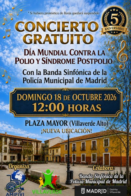 An event poster announcing a free concert ('CONCIERTO GRATUITO') for the World Day Against Polio and Post-Polio Syndrome, marking the 5th anniversary, performed by the Symphonic Band of the Madrid Municipal Police on Sunday, October 18, 2026, at 12:00 hours in Plaza Mayor, Villaverde Alto, Madrid.