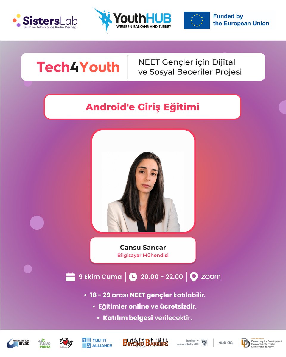 SistersLaborg's tweet photo. 📢 18-29 yaş aralığındaki NEET gençlerin dikkatine!

SistersLab - Bilim ve Teknolojide Kadın Derneği olarak yürüttüğümüz Tech4Youth Projesi kapsamında gerçekleştireceğimiz Android'e Giriş Eğitimi için başvurular devam ediyor!

Temel seviye olarak planladığımız bu eğitim, Bilgisayar Mühendisi Cansu Sancar tarafından verilecektir. 💯

🔗Başvuru ve detaylar için linki ziyaret edebilirsiniz:
https://t.co/P7ztkWbjk5

📅Tarih ve Saat: 9 Ekim Cuma, 20.00 - 22.00

🎯Tüm eğitimler ücretsizdir.

💻Eğitimler online olarak Zoom üzerinden gerçekleştirilecek ve yaklaşık 2 saat sürecektir.

🧾Katılım belgesi verilecektir.

👧🏻Eğitimlerimiz, 18-29 yaş aralığındaki NEET (ne eğitimde ne istihdamda olan) gençlerin katılımına açıktır.

💜Eğitimlerimiz temel seviyededir; herhangi bir bilgi veya deneyimi olmayanlar da başvuru yapabilir.

Tech4Youth Projesi, NEET gençlerin dijital ve sosyal becerilerini güçlendirmek amacıyla YouthHub WB&T Ağı kapsamında Avrupa Birliği'nin eş finansman desteğiyle SistersLab - Bilim ve Teknolojide Kadın Derneği tarafından yürütülmektedir.

@EU_Commission | @FondacijaDivac | @InstitutiD4D | @InstitutKULT | @YouthAlliance1 | @TOGVakfi

#YHWBT #Tech4Youth #SistersLab #NEET #TOGVakfı