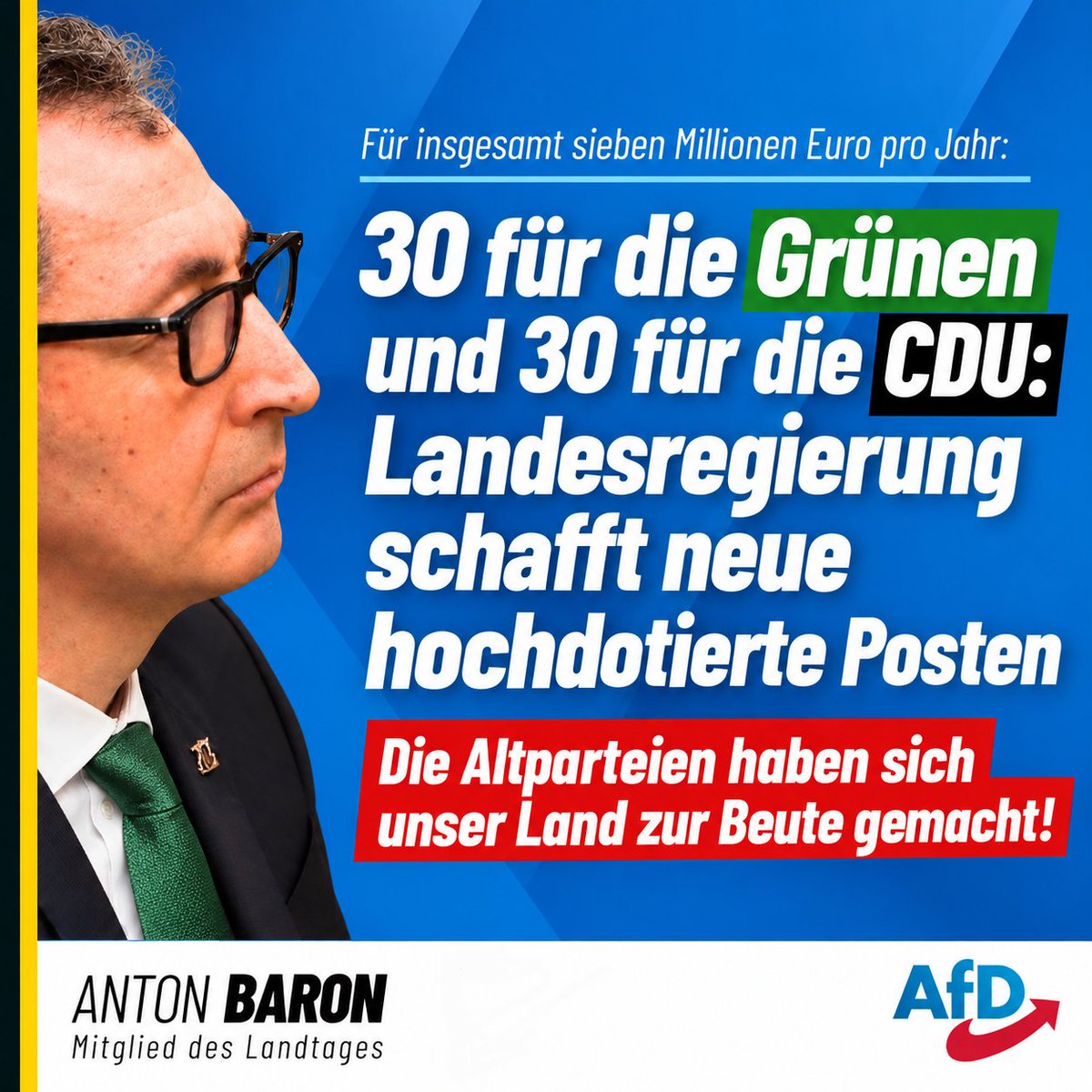 AntonBaronAfD's tweet photo. Die grün-schwarze Landesregierung in Baden-Württemberg hat 60 zusätzliche Stellen geschaffen.

➡️ Die Bürger sollen sparen, die Altparteien schaffen neue Versorgungsposten. Diese Doppelmoral endet nur mit der AfD!

Quelle: https://t.co/ALMHnOJfIp https://t.co/lQaQWJmwq9