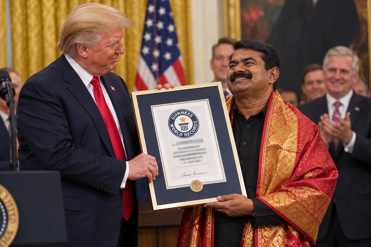 capefisherr's tweet photo. 🚨🗞️Breaking news🗞️🚨

அதிசயம்! அற்புதம்! 

இன்று நாம் தமிழர் கட்சியின் தலைமை ஒருங்கிணைப்பாளர் சீமான்...

டிரம்ப்பிடமிருந்து “ஓல் கதை மன்னன்” என்ற கின்னஸ் உலக சாதனைப் பட்டத்தைப் பெற்றார்! 

👏👏👏👏 #seemanspeech https://t.co/cd8u9mVhjo