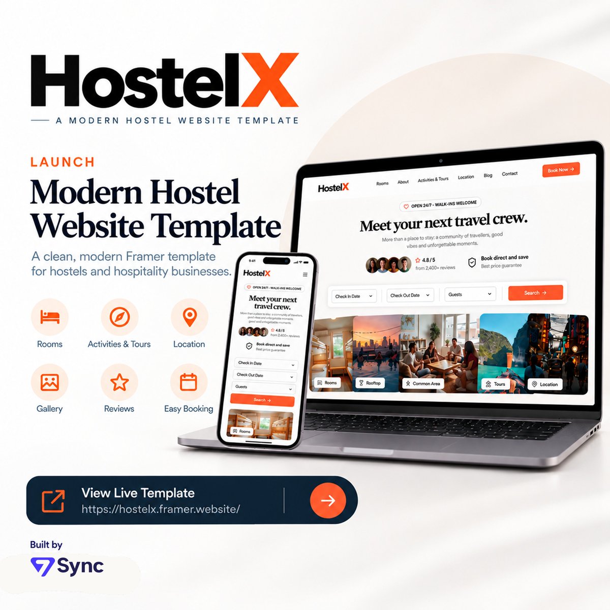 7sync_tech's tweet photo. Meet HostelX — a modern Framer template built for hostels.

A hostel website should sell more than a stay. It should communicate the experience, community, location and vibe.

Explore HostelX:
 https://t.co/N7uiiPz4l1

#Framer #FramerTemplate #HostelWebsite  #Hospitality  #7Sync https://t.co/wQGdjs9kbC