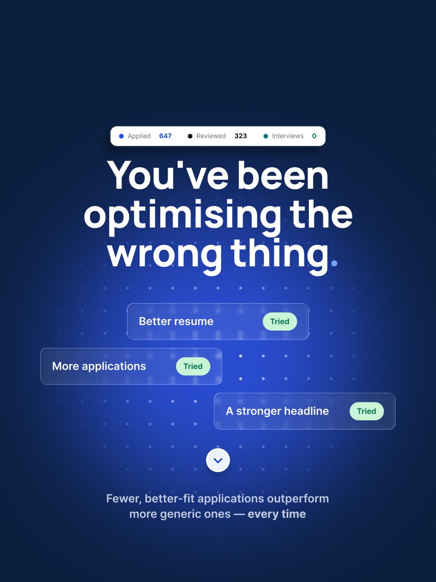 JobAssist_com's tweet photo. Better resume. More applications. A stronger headline.

Tried all three and nothing changed? The problem was never those things. It was the target.

Fewer, better-fit applications beat more generic ones.

JobAssist ranks roles against your profile https://t.co/xSY9lqFNPC
