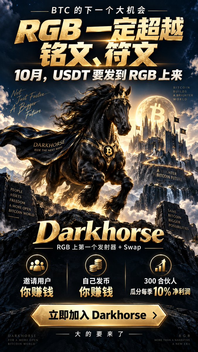 BTC_Lab's tweet photo. 从铭文、符文到 RGB：
DarkHorse，BTC 版 Pump fun 即将上线

过去两年，比特币资产生态已经经历了两轮大规模的落地实践。 

先是铭文，证明比特币可以将自定义数据直接写入交易见证数据；
随后符文出现，进一步跑通了同质化代币基于 Bitcoin UTXO 的发行与转移。 

但这两套体系，都绕不开一个共同问题： 
资产相关的数据和状态依赖比特币链上交易来记录和验证。 当市场需求集中爆发时，每一笔发行、转账和交互都会争夺有限的区块空间，手续费和确认成本也会随之上升。对于需要频繁流转的资产来说，链上空间和交易成本就会逐渐成为规模化应用的现实约束。

所以比特币资产生态的下一轮升级，重点可能不再是继续增加新的代币标准，而是改变资产状态的验证和存储方式。 RGB 采用了完全不同的架构。 它通过 Client-Side Validation（客户端验证），将资产状态和交易历史放在参与者自己的客户端，由交易双方自行验证；比特币主网只负责锚定关键的密码学承诺。 

这样，资产状态不需要完整地广播给全网节点，也不需要把完整的资产历史全部塞进 Bitcoin 区块，在减少链上数据负担的同时，也带来了更强的隐私性。 更重要的是，这套设计不需要修改比特币底层共识，并为后续与闪电网络结合提供了基础。 稳定币，则是这套架构目前最值得关注的规模化应用方向之一。 最早的 USDT 就诞生于比特币 Omni 协议，后来主要流转逐渐迁移到以太坊、波场等网络，Omni 版本也早已停止增发。 2025 年 8 月，Tether 已正式宣布计划通过 RGB 在比特币上发行 USD₮。随后，围绕 RGB、Tether WDK、Utexo 和 Lightning 的基础设施也在持续推进。 这意味着，RGB 正在从单纯的协议设计，逐步走向真实资产和支付基础设施的落地。 而当技术框架和稳定币需求逐渐成型后，生态接下来需要补上的，就是资产发行、初始流动性以及二级市场交易基础设施。

而 DarkHorse（@RGBHorse）补的就是这个最关键的缺口。 它基于 RGB v0.11.1 搭建，集发射台和 Swap 交易功能于一体，完全可以理解成比特币版的 https://t.co/DqUbYlFeAF。 平台负责快速撮合交易、提升流转速度，但用户手里的资产，本质还是纯正的 RGB 原生合约，随时可以提现到自己钱包自主托管。

目前 DarkHorse 还处于平台上线前的早期阶段，也因此开放了两种早期参与方式：

1.黑马骑士｜完成任务就能参加

有推特或电报就可以参加，完成任务即可成为 黑马骑士。

任务入口：
https://t.co/igjRfVeA0s

完成任务可获得：

🎖️ 骑士 UDA（NFT）

🐎 1,000 马蹄铁

🎁 后续平台项目空投

🪙 未来可参与瓜分最高 6% 平台代币

后续平台上的项目，可以自主选择是否给黑马骑士发放空投。

2.创世伙伴｜只有 300 个名额

面向 KOL、BTC / RGB 生态贡献者、社区建设者和生态合作方。

申请表：
https://t.co/miCpK7J9D7

审核通过后可获得：

🏇 创世伙伴 UDA（NFT）

🐎 10,000 马蹄铁

💰 平台 10% 利润分成池，按照实际贡献进行分配

🔗 两级邀 平台项目空投，创世伙伴获得的额度最高可达骑士的 5 倍

注意：创世伙伴只有 300 个名额。

马蹄铁是什么？

马蹄铁是 DarkHorse 早期活动的贡献积分，目前不是可以直接交易的平台代币。
官方规划未来将拿出最多 6% 的平台代币总供应量，按照每个人持有的马蹄铁占比进行分配。

怎么获得马蹄铁？

① 完成骑士任务

直接获得 1,000 马蹄铁。
这 1,000 个已经包含在骑士权益里，不会重复发放。

② 邀请好友

你邀请好友完成骑士任务 → +200

你的好友再邀请其他人完成任务 → 你再获得 +50

③ 成为创世伙伴

审核通过后直接获得 10,000 马蹄铁。

④ 每日签到

每天签到可领取 20 马蹄铁。

三句话看懂：

想简单参与 → 做骑士任务
想拿更多权益 → 申请创世伙伴
马蹄铁越多 → 未来可分配的平台代币份额越高