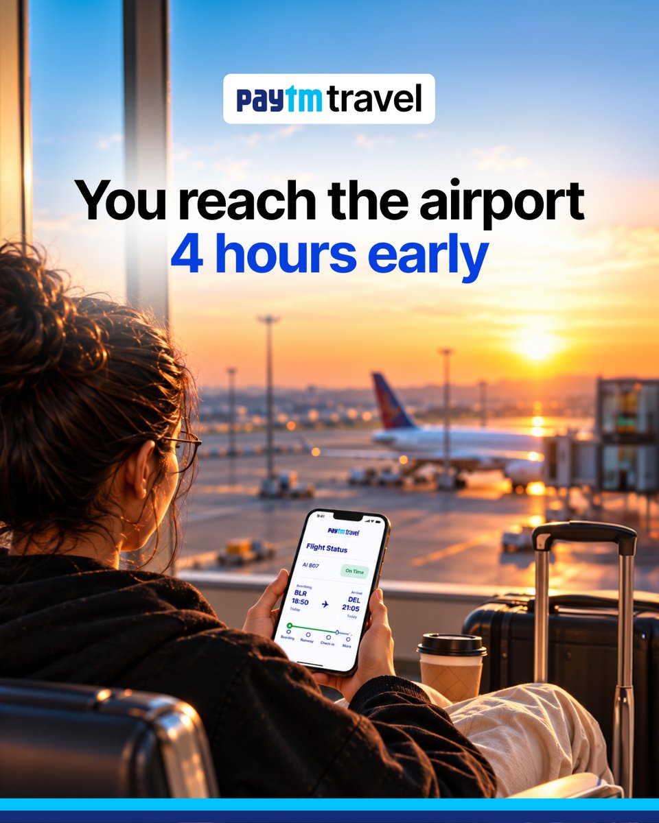 PaytmCheckin's tweet photo. Reaching early is an Indian traveller personality trait. 😂
Checking Flight Status on #PaytmTravel should be too. 💙 https://t.co/vYY9ooOLdx