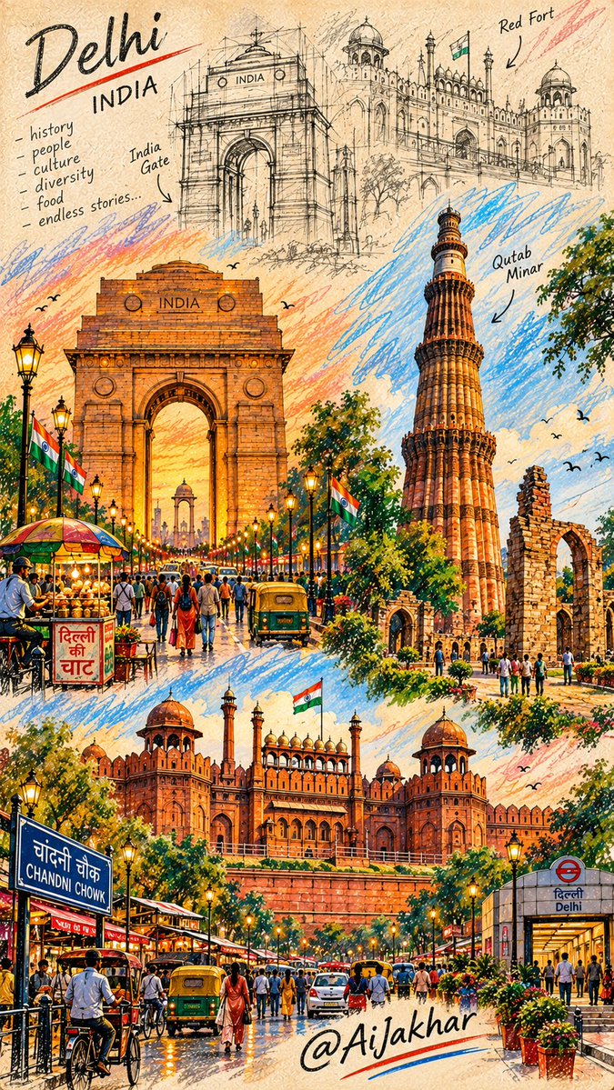 AiJakhar's tweet photo. What if India’s cities could tell their stories through a sketch? 🇮🇳✏️

I used AI to reimagine Delhi, Mumbai &amp; Agra as hand drawn illustrations blending heritage, architecture, culture, street life and modern India into one frame

Which city should I sketch next? 

#AIArt #India https://t.co/NxTWfkwflC