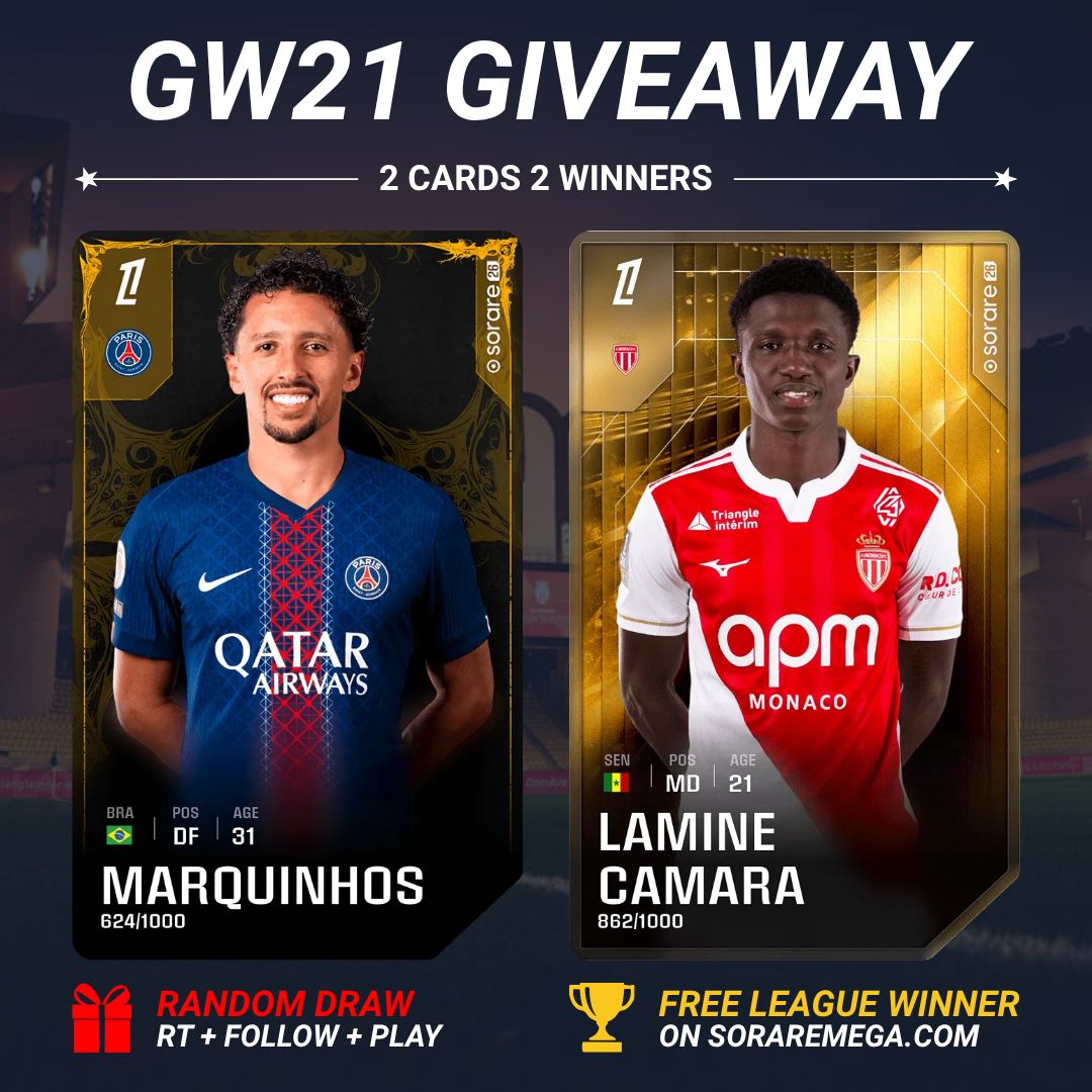 SorareMega's tweet photo. 🇫🇷🏆 GW21 @Ligue1 & @UEFA Leagues SPECIAL! 🔥

2 cards. 2 winners!

🏆 Free League winner → 🟨 Lamine Camara
🎁 Random draw → 🟨 Marquinhos

To enter:
🔁 RT
👥 Follow @SorareMega
💬 Reply with your Sorare username
⚽ Play GW21 on https://t.co/OmenHf2qEG

🎲 Draw: Saturday

@Sorare #Sorare #Sidegame #Ligue1 #FantasyFootball