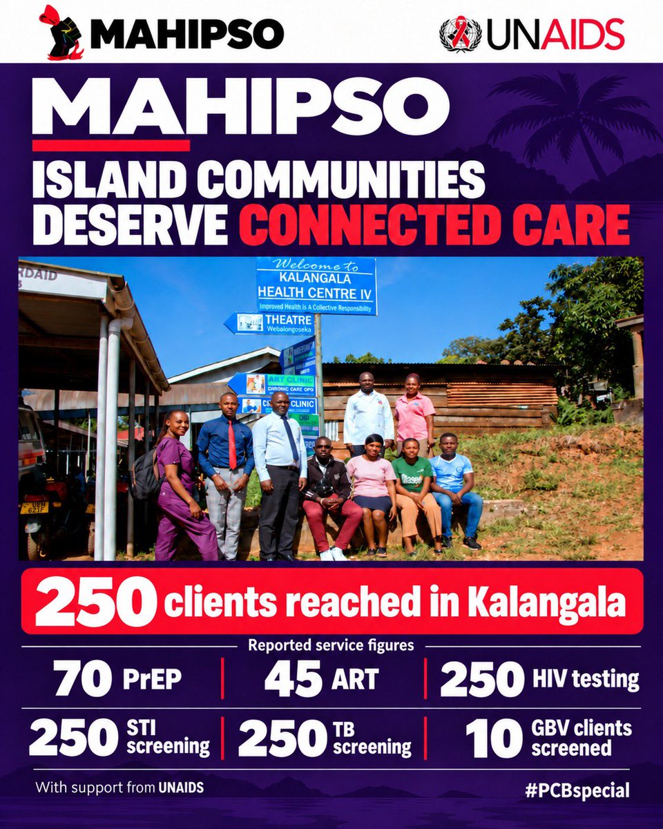mahipso's tweet photo. Island communities deserve connected care. MAHIPSO reached 250 clients in Kalangala with @UNAIDS_UG support: 250 HIV tests, 250 STI screenings, 250 TB screenings, 10 GBV screenings, 70 PrEP and 45 ART clients. @UNAIDS @UNAIDS_esa @UNAIDS_UG #PCBspecial https://t.co/iYKovKDZTz