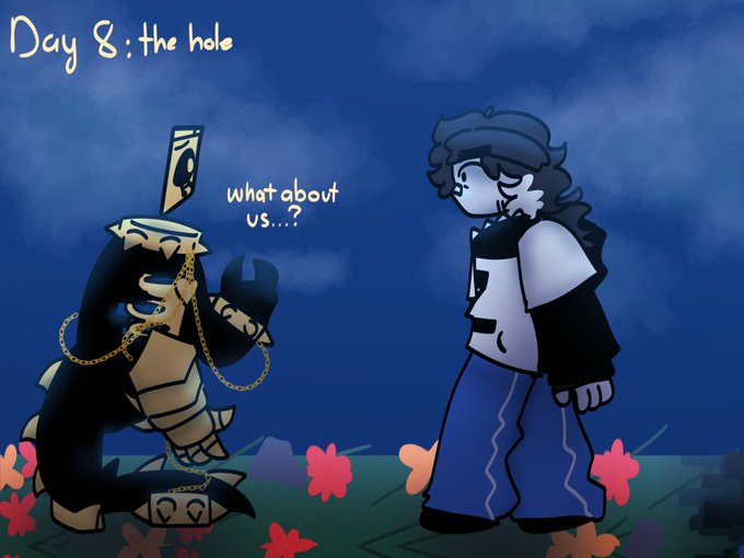 A digital drawing featuring two stylized characters against a dark blue background, with handwritten text reading "Day 8: the hole" and "what about us..?".