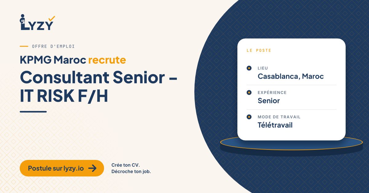 Lyzy_io's tweet photo. KPMG Maroc recrute un Consultant Senior IT Risk à Casablanca : 3 ans d'audit IT minimum, mode hybride.
https://t.co/m8NY0lAlIn
#Emploi #ITRisk https://t.co/qYlvS0XM4A
