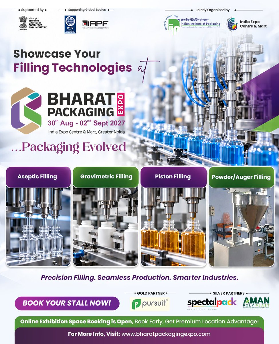 BharatPExpo's tweet photo. #Fillingtechnologies power precision, efficiency, and scalability across #packaging operations. Showcase aseptic, gravimetric, and piston filling solutions at #BharatPackagingExpo2027 and connect with packaging manufacturers and decision-makers. https://t.co/BATUvPWKh9