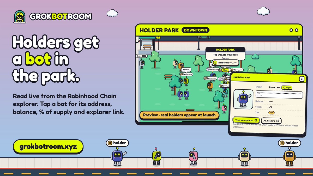 UseGrokBot's tweet photo. Holder Park gives every top wallet its own bot, read live from the Robinhood Chain explorer. 

Tap one to see the address, balance, share of supply and an explorer link. Token launching soon, and the park fills up when it does.

App: https://t.co/a3lxzrvRFT https://t.co/FoxDlB3BzQ