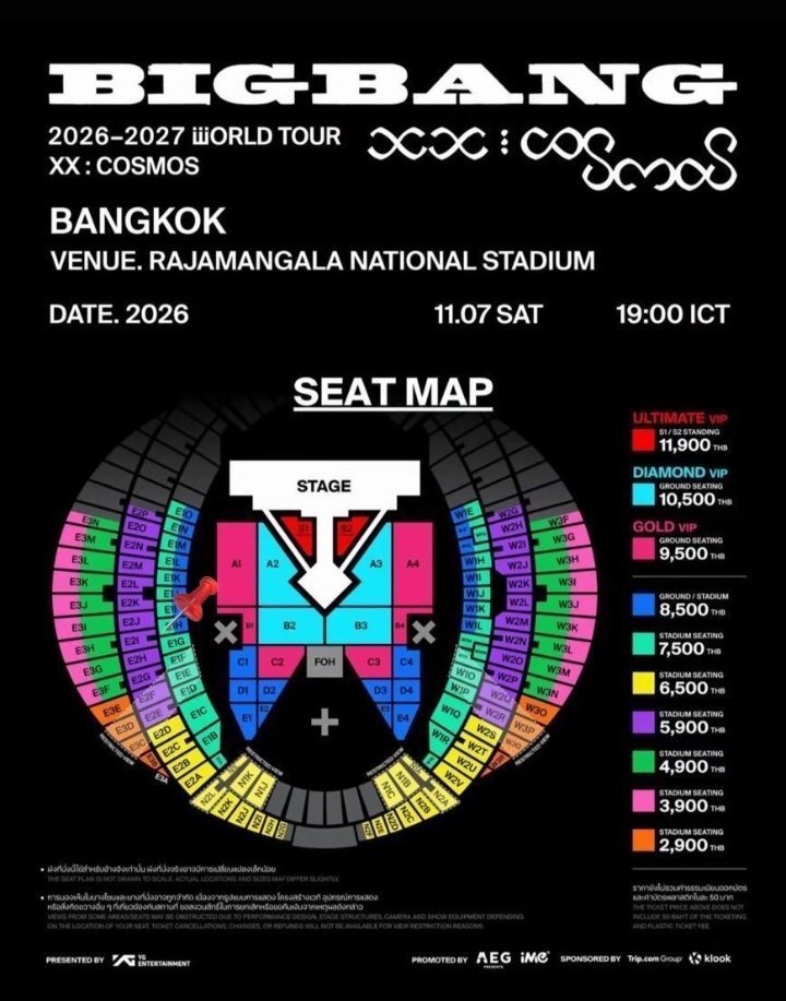 Koyuk125's tweet photo. BIGBANG 2026-2027 WORLD TOUR [XX : COSMOS] IN BANGKOK
━━━━━━━━━
📍会場：ラジャマンガナショナルスタジアム（タイ・バンコク）
📌日程：2026年11月7日（土） 19:00 ICT
🎟️取扱座席と料金（THB）：
 * ULTIMATE VIP (S1/S2 STANDING)：11,900 THB
 * DIAMOND VIP (GROUND SEATING)：10,500 THB
 * GOLD VIP (GROUND SEATING)：9,500 THB
 * GROUND / STADIUM：8,500 THB
 * STADIUM SEATING：7,500 THB
 * STADIUM SEATING：6,500 THB
 * STADIUM SEATING：5,900 THB
 * STADIUM SEATING：4,900 THB
 * STADIUM SEATING：3,900 THB
 * STADIUM SEATING：2,900 THB
🎟️座席・フロア構成（SEAT MAP）：
 * メインステージの前方および周囲にスタンディングエリアやアウンド・グラウンド席（A1〜A4、B1〜B3、C1〜C4、D1〜D4など）が配置され、それを囲むようにスタジアム席（E、W、Nブロックなど）が広がっています。
★各エリアの連番 / 単番のご用意が可能です！お問い合わせはDMまで📩
━━━━━━━━━
🎤出演アーティスト
 * BIGBANG
#BIGBANG #XX_COSMOS #BigbangWorldTour #RajamangalaNationalStadium #タイ公演 #バンコク公演 #海外コン代行 #海外チケット #チケット代行 #コンサート代行 #海外コンサート代行 #KPOPチケット #チケジャム #良席 #神席 #VIPチケット