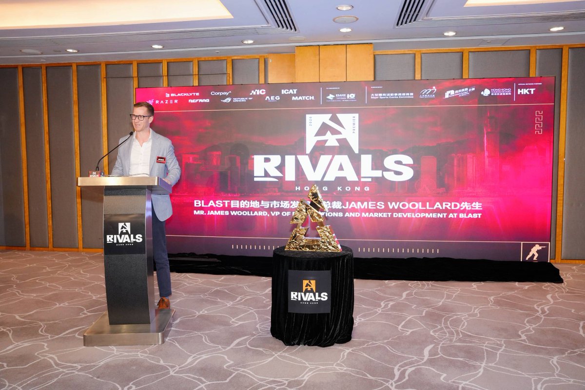 BLASTEsports's tweet photo. 🇭🇰 Hong Kong, we're BACK! 🇭🇰

Today, we officially launched @BLASTPremier Rivals Hong Kong 2026, returning as an M Mark event!

We also unveiled our brand-new winners' trophy, featuring real gold, touring HK right now! 🏆

See you in November! 🔥

#BLASTPremier #MMarkEvents https://t.co/46fKVSyg0k
