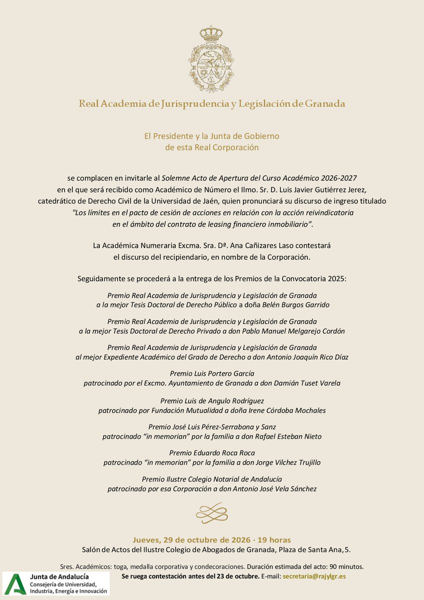 rajylgr's tweet photo. La #RAJYL Granada ya tiene fecha para la #apertura del curso académico 26/27
🗓️ 29 octubre
⏰19h
📍@IcagrTwit
🏅 Con toma de posesión de Luis Javier Gutiérrez Jerez, catedrático de la @ujaen 
🗞️ Y entrega de los #PremiosAnuales2025
🔗https://t.co/ORpwBuC6au https://t.co/dCgB0T10ve