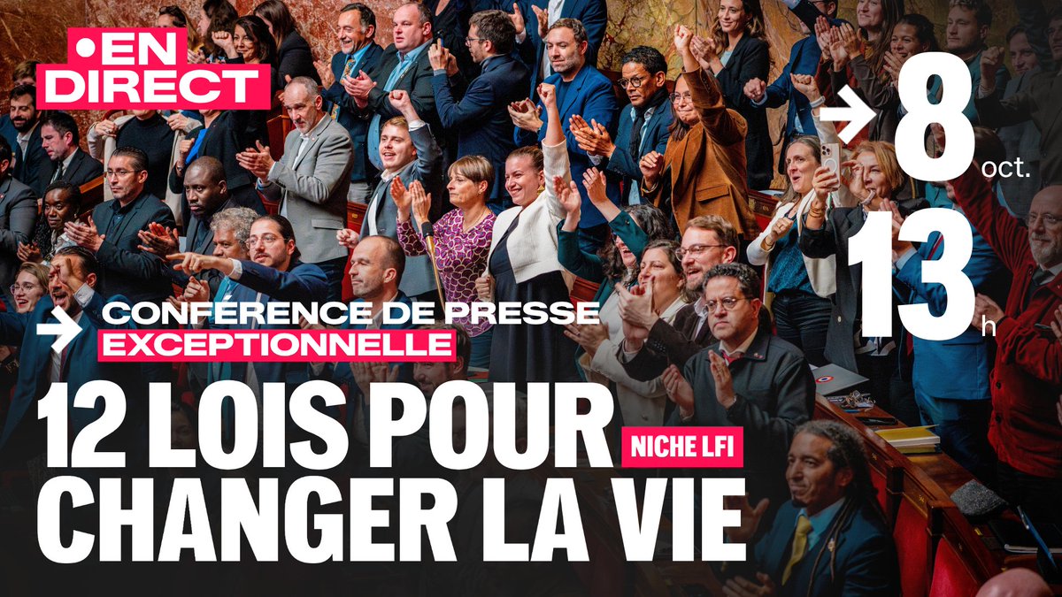 FiAssemblee's tweet photo. 🔴⚡️ 12 lois. Une journée. Jusqu’à minuit pour changer la vie.

À 13h, Mathilde Panot et les rapporteur·es dévoilent les propositions de notre niche parlementaire lors d'une conférence de presse exceptionnelle !

✅ Suivez en direct sur YouTube, Facebook et X : https://t.co/2QyHjo67tW