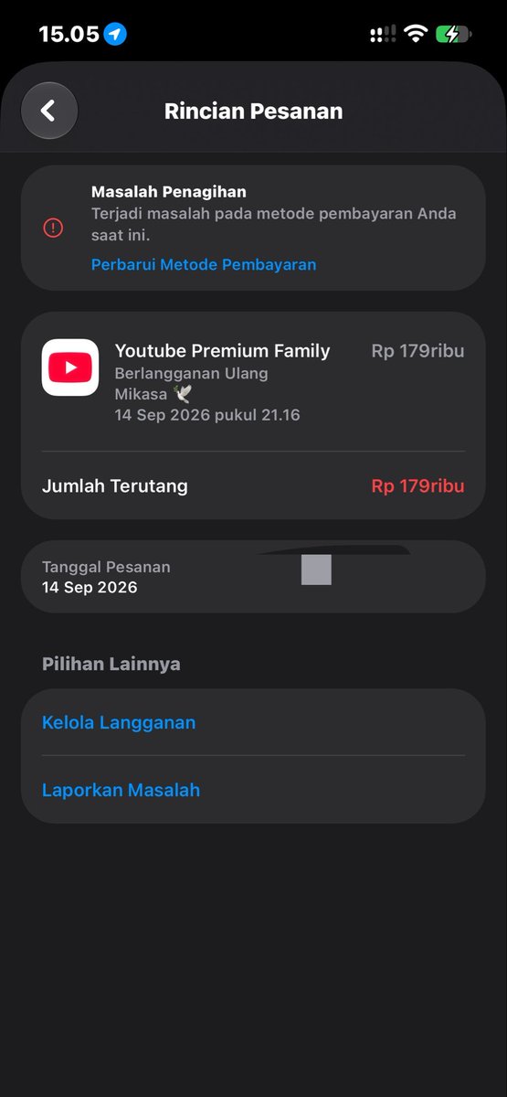 mikasafuture's tweet photo. Ada yang tau cara mengatasi ini? Gaada langganan youtube prem tiba-tiba muncul tagihan terutang kaya gini 😭 #zonauang #youtube @YouTube @Apple https://t.co/QCHQfF8tbS