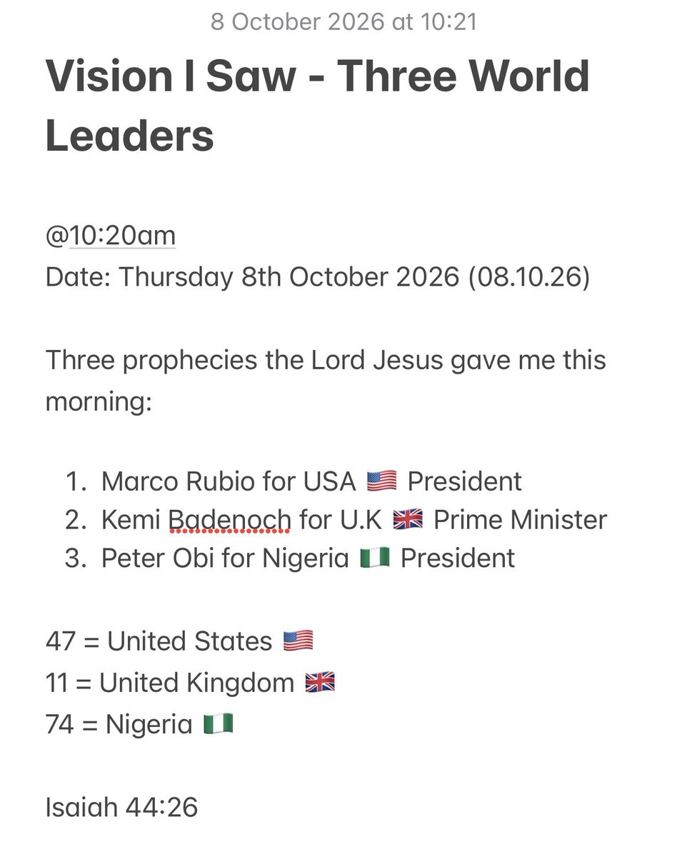 ArkofDavId8935's tweet photo. Three World Leaders Vision (08.10.26)

Presidents &amp; Prime Minister

1. United States 🇺🇸 
2. United Kingdom 🇬🇧 
3. Nigeria 🇳🇬 

word of the LORD https://t.co/VZrEkJjbd8