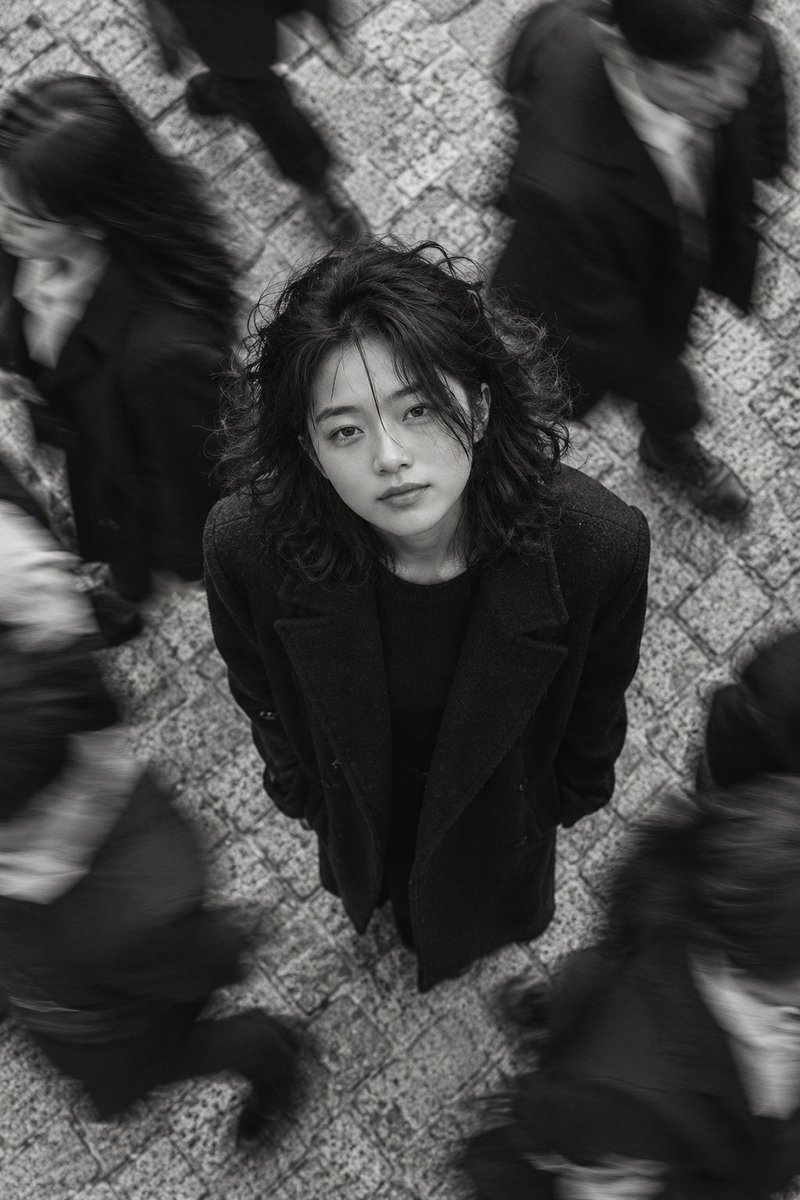 afrinxai's tweet photo. She stands still like the only clock in a city that forgot how to stop 🖤⏳
---

A black and white picture about being the calm point in a rushing crowd. The goal is a girl looking straight up at the camera while blurred figures stream around her, so the viewer feels the stillness more than the movement.

The key visual choice is the split between sharp and blurred. A high angle and a slow shutter turn every passerby into soft, smeared shapes, while she stays crisp enough to read her eyes, the center parted curls and the folds of her black coat. The cobblestones become a pale, textured floor that keeps all that dark clothing readable.

The lighting is soft, even overcast daylight with no hard shadows. It lets the pale skin glow against the dark coat, keeps the stones bright and grainy, and gives the whole frame a quiet, documentary feel.

Where this usually fails is the blur balance. Too much blur and she melts into the crowd, too little and it looks like a posed shot with a filter. The black coat can lose every fold, the curls turn into a flat dark cap, and the cobblestones can look like a stamped pattern instead of real stone.

Reusable rule: let one sharp subject stand inside controlled motion blur, shoot from above, and keep the palette in simple black, white and grey.

Prompt in the reply.