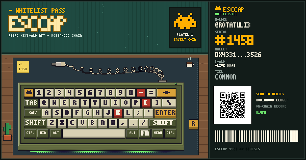 rotatuli3's tweet photo. I just secured my Genesis Whitelist Pass #1458 for the @esccapHQ Retro Mechanical Keyboard collection on Robinhood Chain!

Claim your whitelist seat &amp; complete the community quest:
https://t.co/FZ9Lo7CGOn

@esccapHQ #EscCap https://t.co/fHxlyoKmZ8