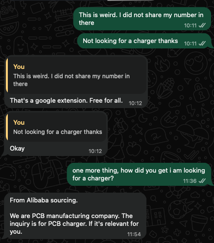 meyusufdemirci's tweet photo. Bugün ABD'nin Çin'i neden sevmediğini anladığım bi olay yaşadım.

Dün akşam Google'da 20w adaptör araması yaparken bi sonuç beni Temu veya Alibaba'ya (tam hatırlamıyorum) yönlendirdi.

Bugün WP'ten Çinli birisi bana böyle bir adaptör arıyor musunuz diye mesaj attı.

Telefonumu LinkedIn'den ContactOut Chrome Extension'ı ile almış.

Bu arada LinkedIn'de telefon numaramı paylaşmıyorum. Bu eklenti nasıl bulmuş orası da ayrı bir soru işareti.

Beni ise Alibaba kaynaklarından bulduğunu söylüyor.

Alibaba hesabım var ama uzun süredir giriş yapılmamış şekilde duruyor.

İşin içinden çıkamadım 🤷‍♂️