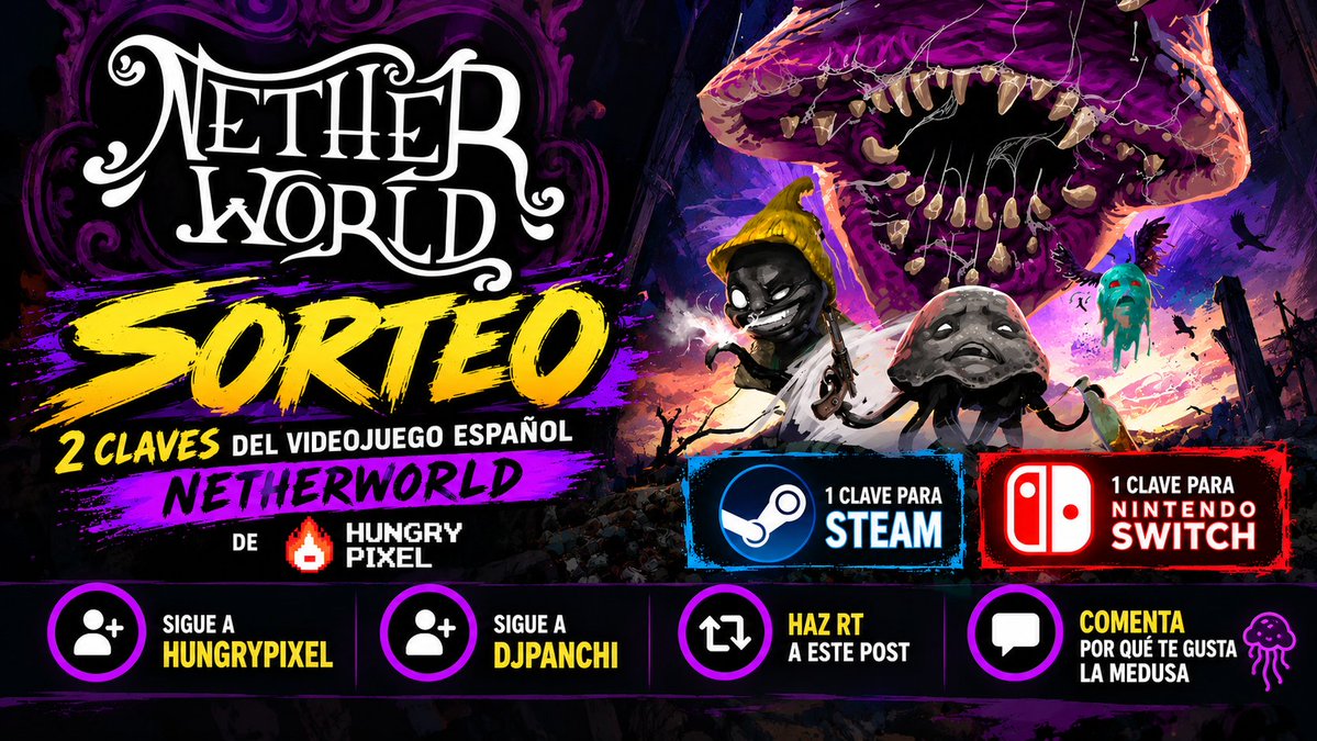 djpanchi1's tweet photo. 🔥 ¡SORTEAZO NETHERWORLD de @HungryPixlGames y @SelectaPlay ! 🔥

🇪🇸 ¿Quieres jugar a uno de los indies españoles más gamberros? 👹

🎁 SORTEAMOS 2 CLAVES:
🎮 1 para STEAM
🎮 1 para NINTENDO SWITCH (europa)

Para participar 👇
👤 Sigue a @HungryPixlGames 
@DJPanchi

🔁 Haz RT

🪼 Comenta por qué te gustan las medusas 😂😂

¡Y ya estás dentro! 🍀

(Hasta el domingo 11 octubre a las 23:49h 😂😂😂 )

#Netherworld #tuyoyelindie