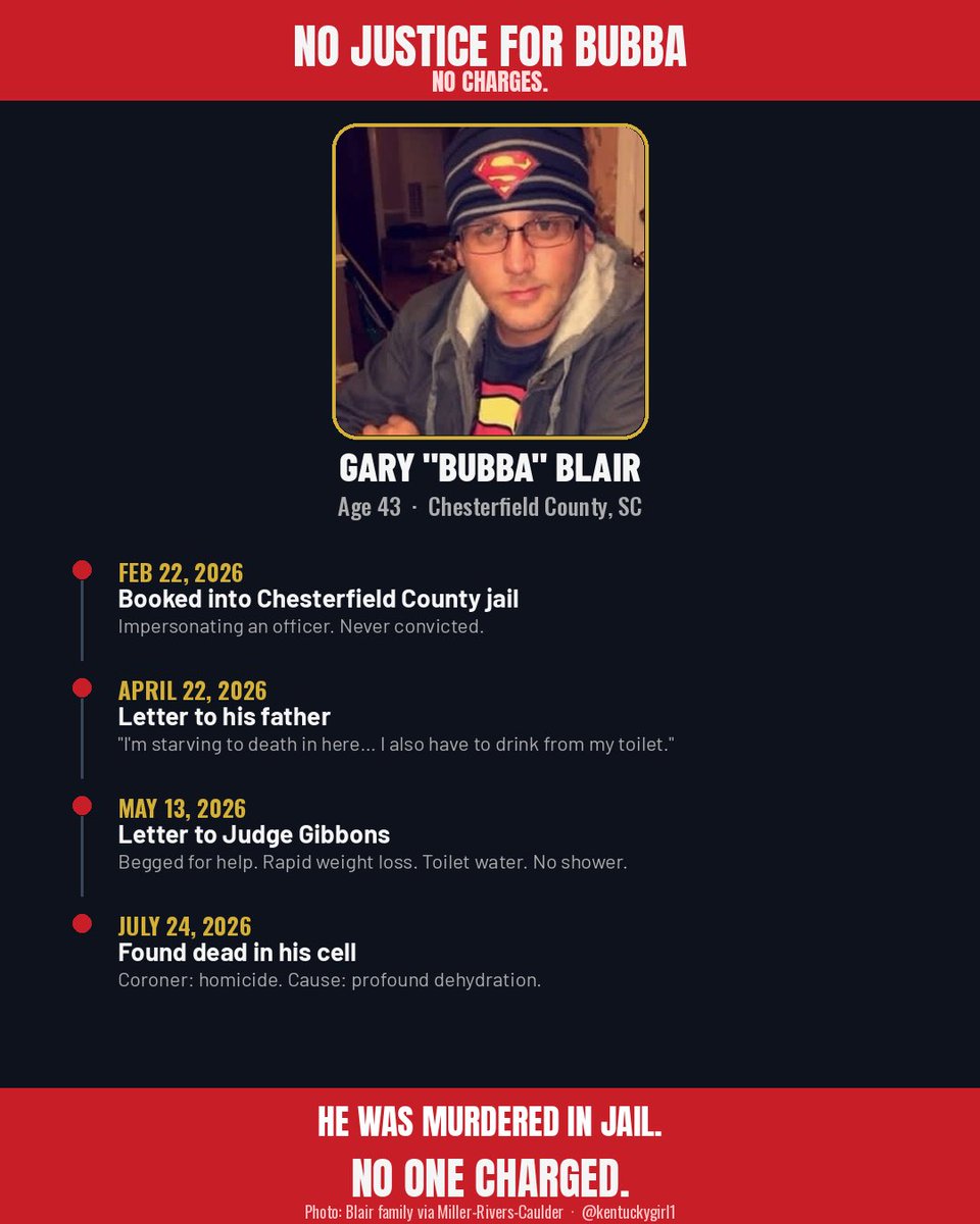 Kentuckygirl1's tweet photo. It’s now been 75 days since a jailed white man died because black jailers deprived him of water and food.

Gary “Bubba” Blair lost about 100lbs in less than 6 months. 

He wasn’t allowed to shower for almost a month. 

He was forced to drink what water he could find in the toilet. 

He was jailed for a non-violent offense, and the judge ordered him to be transported to a mental health facility.

But that never happened. 

He wrote letters, begging for help. 

“No help for a white man,” he wrote. 

He was right: no help arrived. 

He was found dead on the feces covered floor of his jail cell. 

The ME listed his death as “homicide.”

6 black employees at South Carolina’s Chesterfield Detention Center were fired. 

That’s it. 

No arrests. No charges. No justice. 

No media outrage. 

If 6 white jailers had starved and dehydrated a black man to death, the country would be on fire. 

Justice for Bubba.