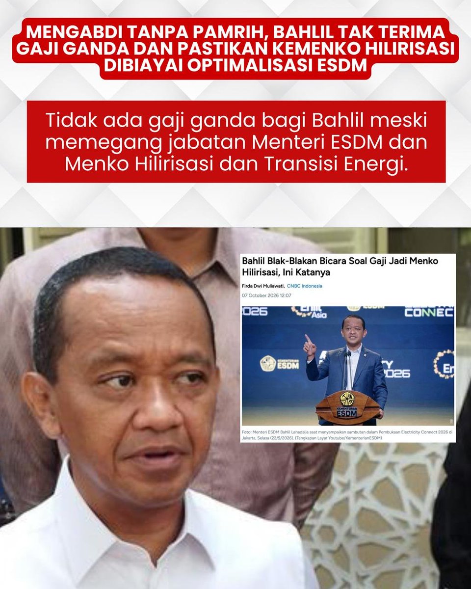 BeritaUnit's tweet photo. Bahlil Lahadalia menegaskan penambahan koordinasi tidak harus berarti pemborosan. Sebagai Menteri ESDM, ia menyebut gajinya tetap satu dan operasional Kemenko menggunakan anggaran ESDM.

#berita #darirakyatuntukenergi #bahlillahadalia #esdm https://t.co/SPJ8nvtKDW