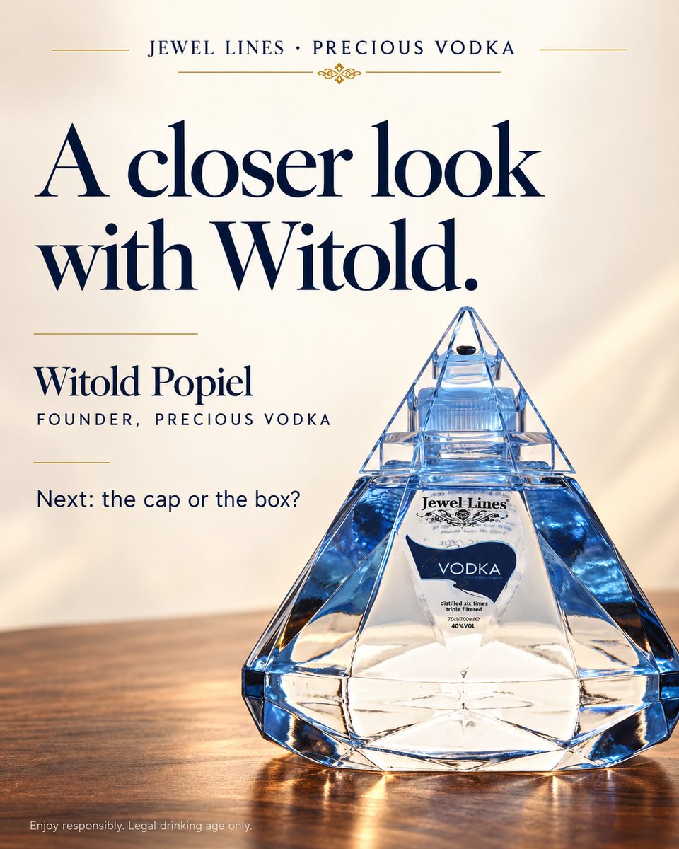 WitoldWpopiel's tweet photo. I’m Witold Popiel, founder of Precious Vodka.

Today, I’m highlighting one detail: the transparent, pointed cap reveals the gemstone capsule in our diamond-shaped bottle.

In the next close-up, would you like to see the cap or the presentation box?

— Witold

#JewelLines #PreciousVodka #MeetTheFounder

Enjoy responsibly. Legal drinking age only.