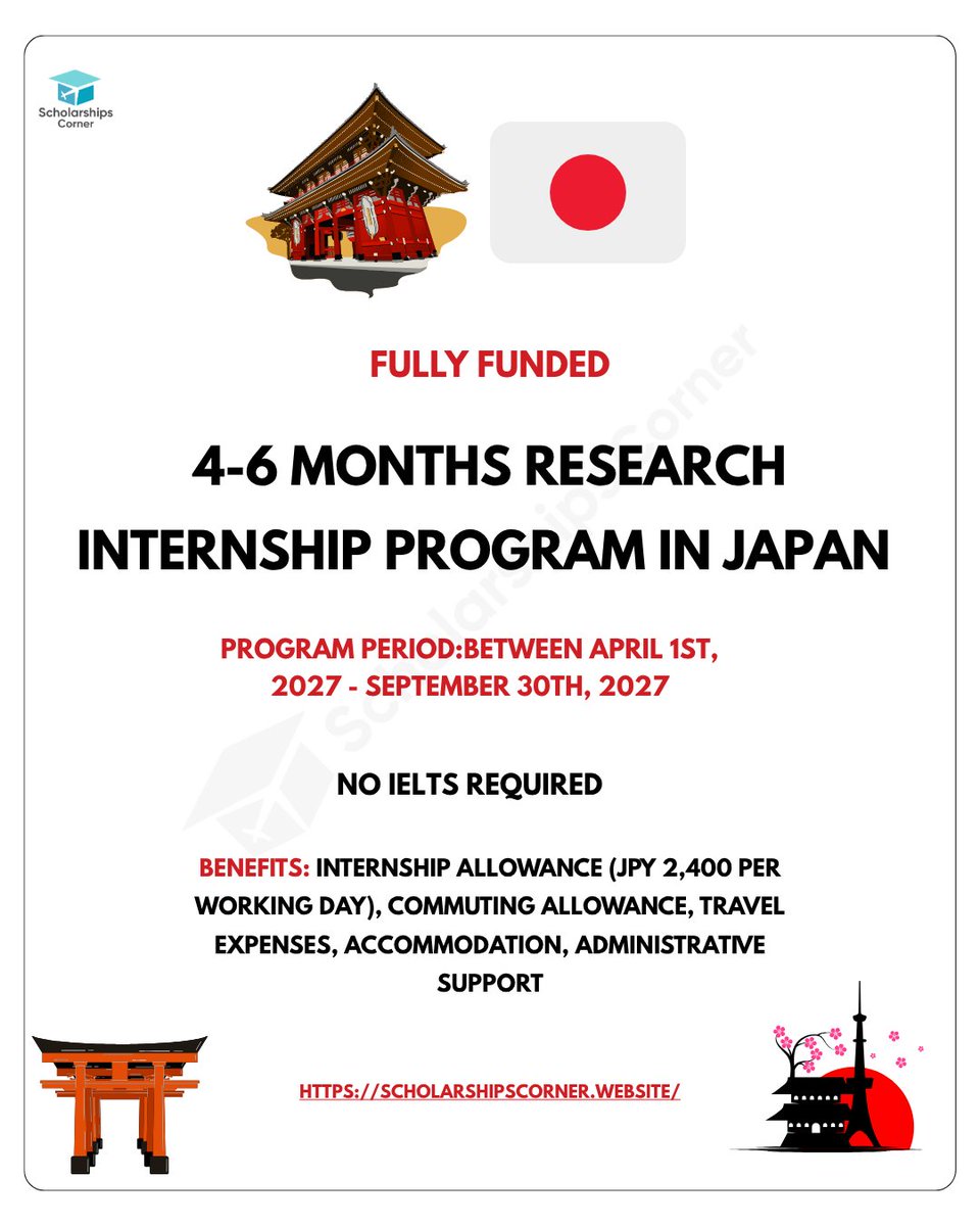 scholar_corner's tweet photo. 4-6  months Fully Funded Internship Program in Japan 2027

>> Internship Period: April 1st, 2027 - September 30th, 2027
>> Internship: OIST Research Internship 

Link: https://t.co/twh3YC5GXn

Benefits: 
• Round-Trip Airfare
• Free Accommodation
• Daily Allowance
• Visa Support
• Transportation Support

Deadline: October 15, 2026

Credit: Okinawa Institute of Science and Technology
This post is for informational purposes only. Scholarships Corner does not own or claim the opportunities shared. All details are taken from publicly available or official sources and may change at any time. Please verify all information through official websites. No copyright infringement is intended.

#ScholarshipsCorner  #oistinternship #internship #paidinternship #fullyfunded #internships #internshipabroad #research #ResearchInternship #Students #japan