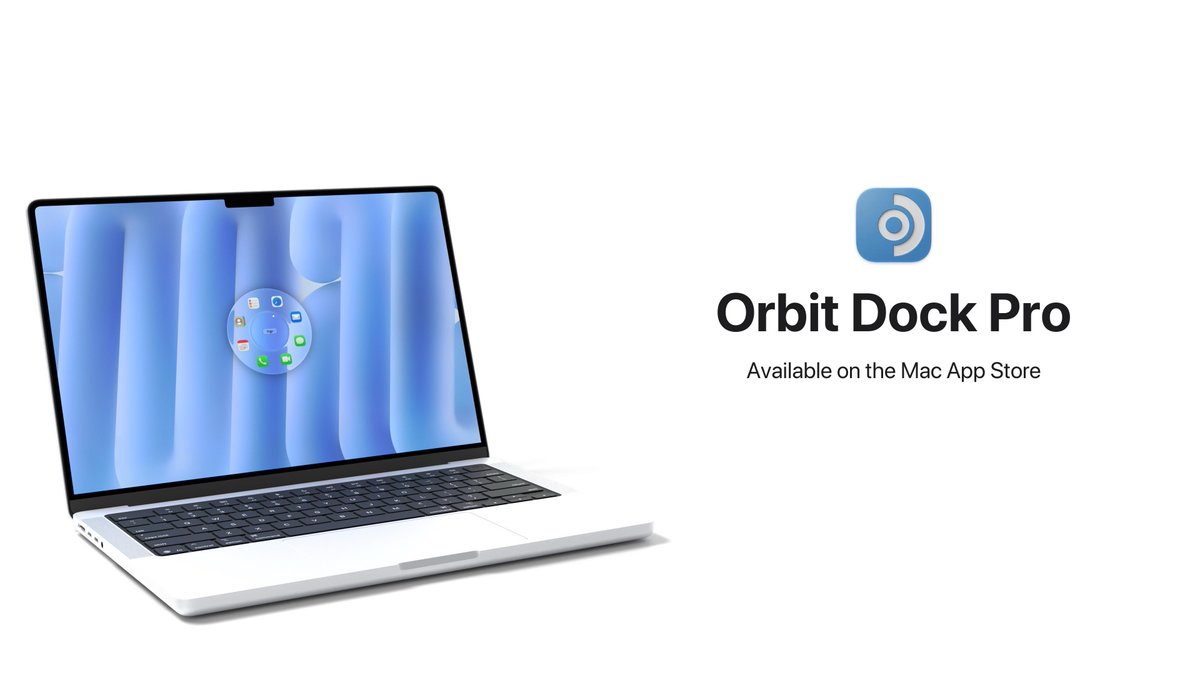 A promotional graphic for 'Orbit Dock Pro', showing a MacBook laptop with a blue interface on its screen and the app's blue logo, with text indicating it is 'Available on the Mac App Store'.
