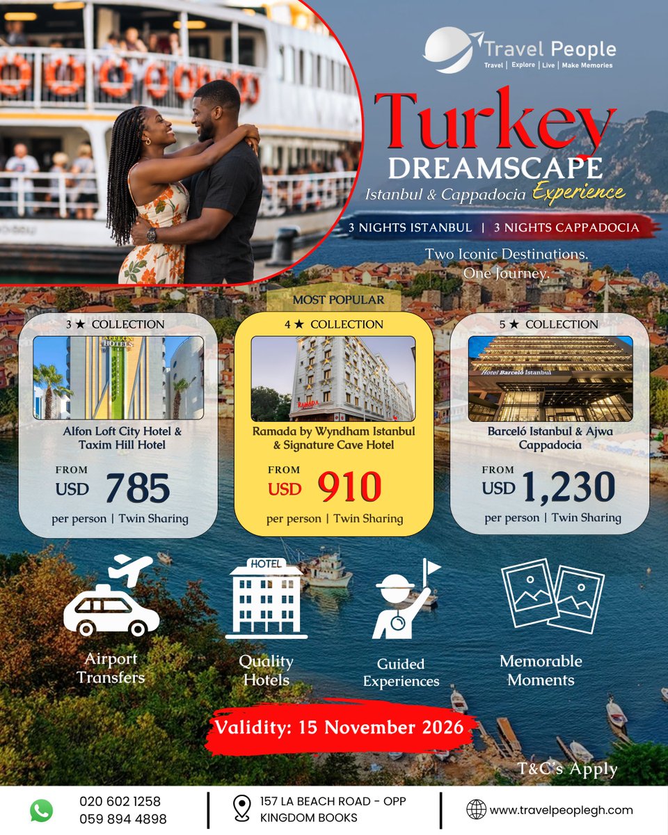 TravelPeoplegh's tweet photo. Experience Türkiye like never before!

Explore Istanbul + Cappadocia with 3 nights in each destination, quality hotels, airport transfers and guided experiences.

Packages start from USD 785 per person.

Valid until 15 Nov 2026.

Book with Travel People today!

#TravelPeopleGH https://t.co/HEXCDC23xV